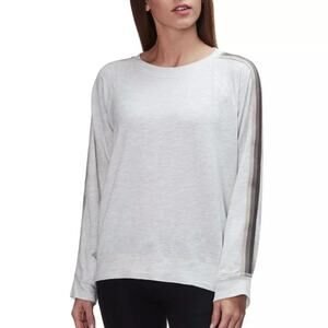 Monrow L Womens Raglan Stripe Sleeve Sweatshirt Gray Crew Neck Relaxed